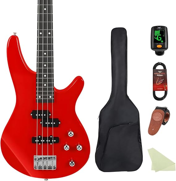 Electric Bass Guitar 4 Strings Full-Size Standard Bass PB-Style Beginner Kit Black for Starter with Gig Bag Guitar Strap and Guitar Cable(PJ-Red)