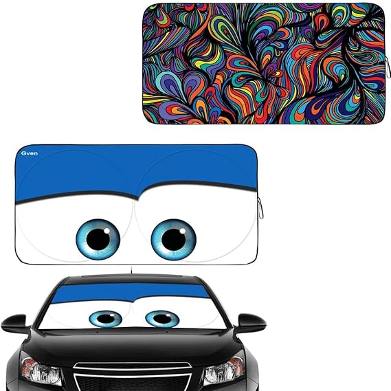 Gven Windshield Shade, Car Sun Shade for Front Windshield Funny Car Eyes Sunshades Sun Visor Protector Blocks UV Rays Foldable 210T Keep Your Vehicle Cool (Eyes-Blue, L + Abstract,L)