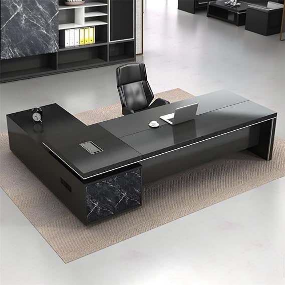 L-Shape Executive Desk Computer Desk with 2-Drawers Modern Writing Table Storage Shelves Work Desk PC Table Home Office Study Desk Without Chair -63" L x 63" W x 29.5" H (Right)