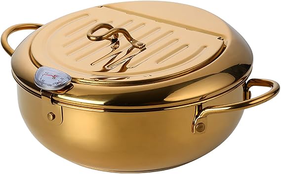 Stainless Steel Deep Fryer,Japanese Style Tempura Frying Pot with Lid,Frying Pot with Oil Drip Drainer Rack for Kitchen French Fries Chicken(9.8" D x 3.4" H, Gold)