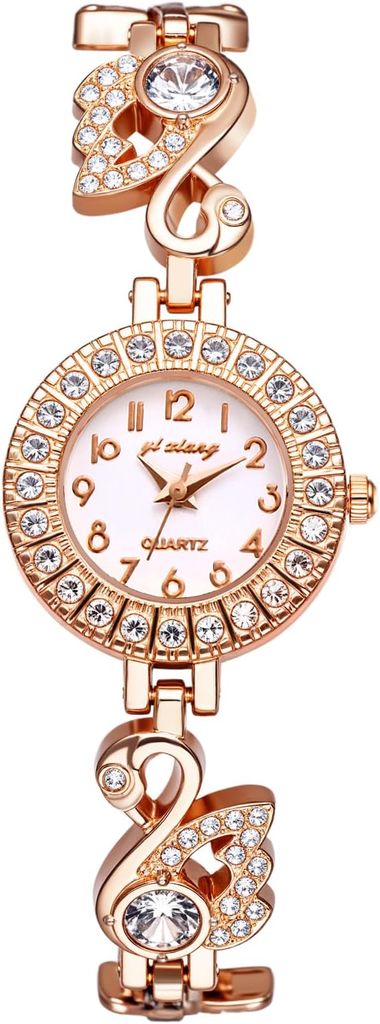 JewelryWe Iced-Out Watch for Women - Round Analog Quartz WristWatches Elegant Rhinestone Bangle Bracelet Watch for Ladies