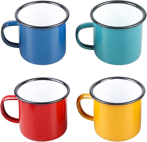 Enamel Mug Set of 4 350 ml Portable and Reusable Enamel Mugs Porcelain Coffee Cups Tea Cups Red/Blue/Green/Yellow Lightweight Camping Cup for Home Party Office or Camping