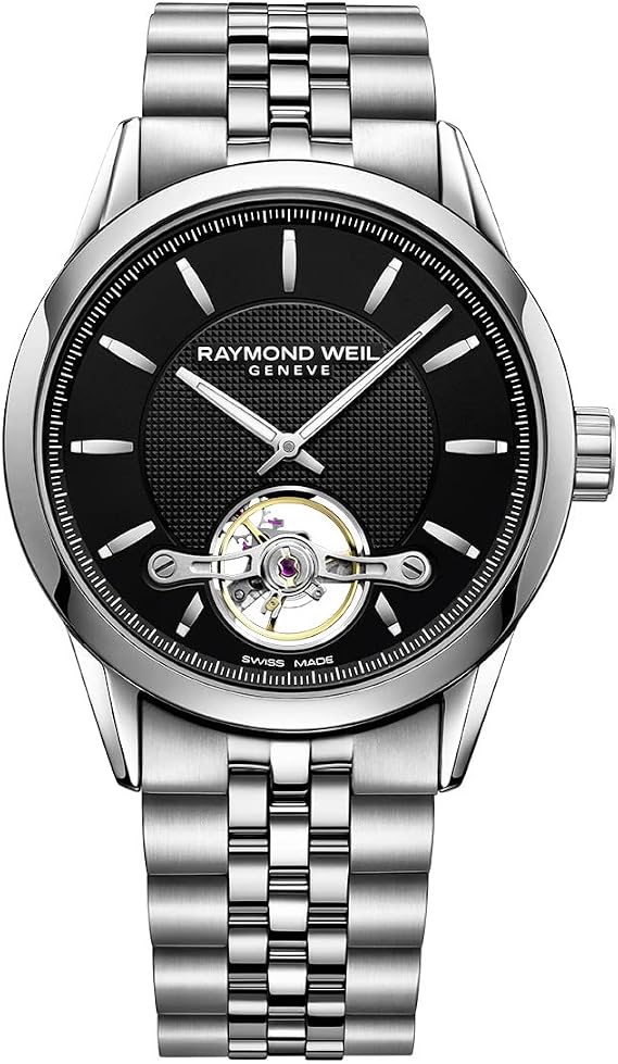 Raymond Weil Freelancer Men's Automatic Watch, Calibre RW1212, Black Dial with Silver Indexes, Visible Balance Wheel, Stainless Steel Bracelet, 42.5 mm (Model: 2780-ST-20001)