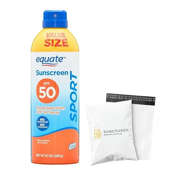 Equate Sunscreen SPF 50- Value size Sport Broad Spectrum Spray, 9.1 oz (pack of 1), Set By Basket Goods