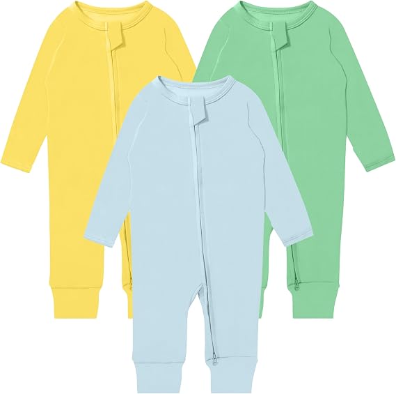GUISBY Long Sleeve Cotton Pajamas Footless Baby Bodysuits with Zipper and Mittens 3-Pack for Boys Girls