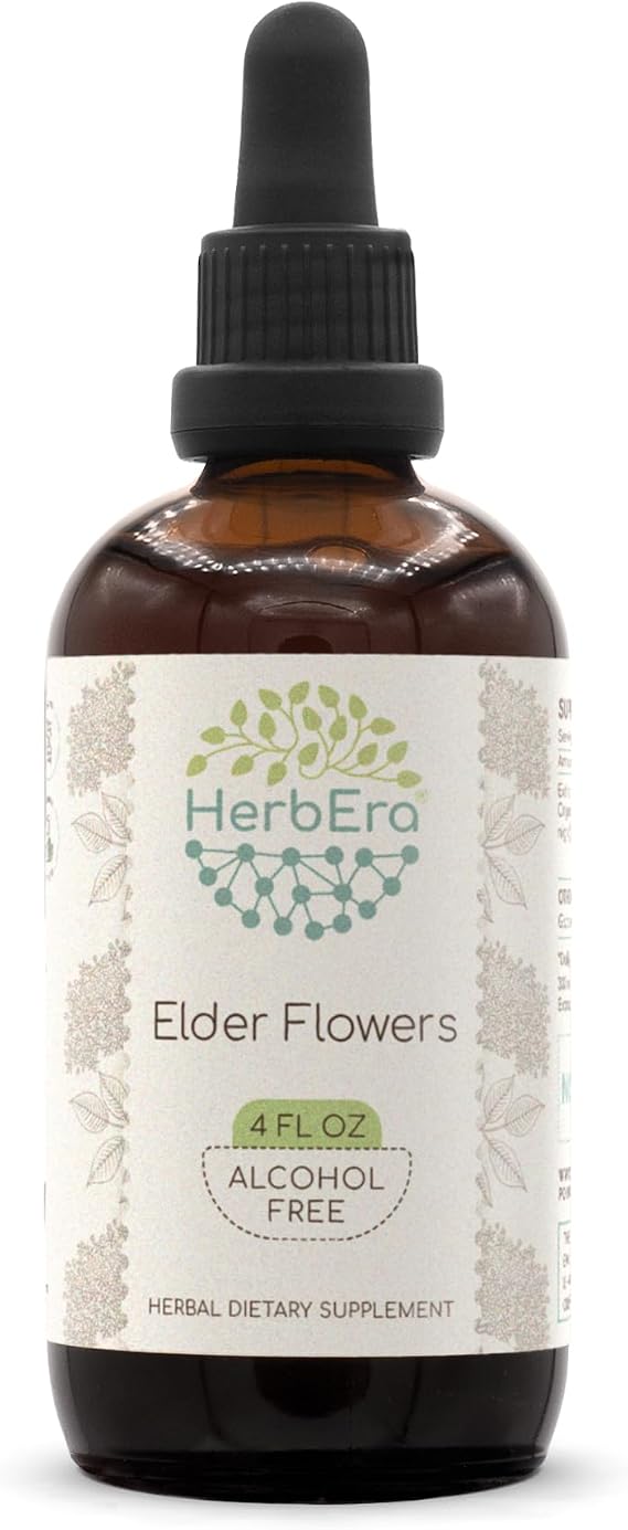 Elder Flowers B120 Alcohol-Free Herbal Extract Tincture, Concentrated Liquid Drops Natural Elder Flowers (Sambucus Nigra) Dried Flowers (4 fl oz)