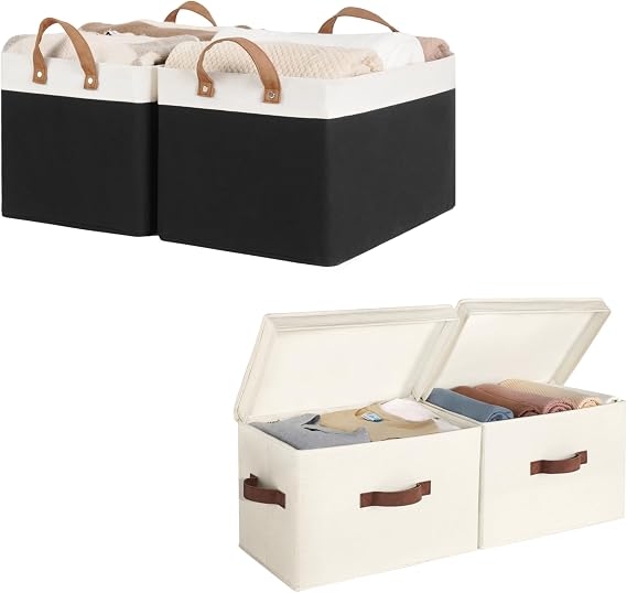 StorageWorks Storage Bins, Extra Large Storage Baskets with Metal Frame, Closet Storage Bin with Lids, Decorative Storage Boxes with Handles