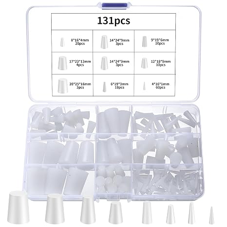 131 Pcs White Silicone Rubber Bungs for Holes, Tapered Solid Rubber Stoppers, Silicone Rubber Tapered Plugs, High-Temperature Resistant Rubber Stoppers Plugs for Hole Plugs Spraying Coating, 8 Sizes