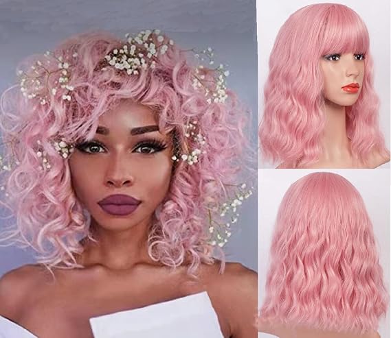 Curly Wavy Wig Short Bob Wigs Bright Pink Women's Short Wig With Bangs Curly Wavy Synthetic Cosplay Wig Pastel Wig for Girl Costume Wigs Pink Color
