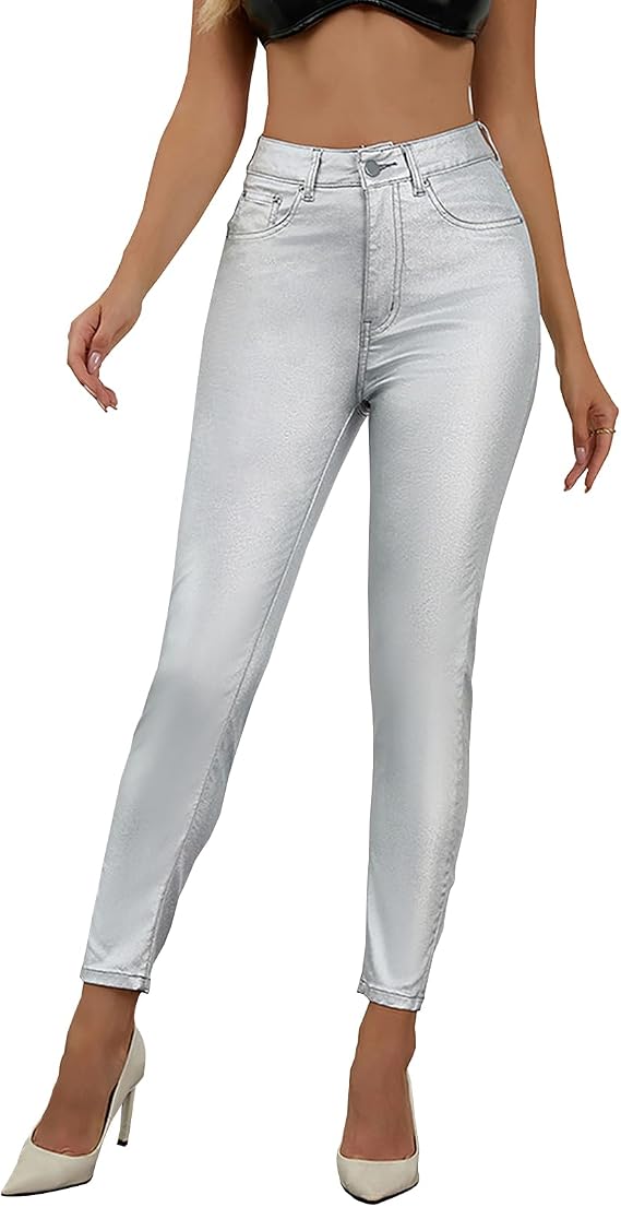 High Waist PU Leather Pants Skinny Disco Metallic Leggings | Faux Leather Leggings for Women High Waisted Leather Pants Pleather Leggings Stretch Skinny Disco Lightweight Tights Pants
