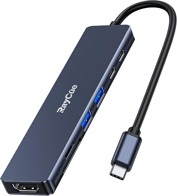 USB C Hub, RayCue 7 in 1 USB C to HDMI Splitter, 2 USB 3.1 GEN1 and 5Gbps Type-C Data Port, 4K HDMI Port, PD 100W Charging, SD Card Reader, for iPad Pro MacBook Pro Laptops and More