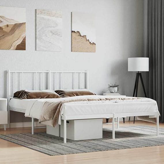 Double Bed Frame with Headboard, Heavy Duty King Size Metal Platform Bed Frame, Steel Black Bedroom Furniture for Master Guest Room（White,140 x 200 cm,with headboard）