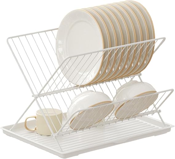 Folding Dish Drying Rack, Foldable Dish Drying Rack 2-Tier Counter Top Drainer for Kitchen Counter - Folding Cupboard, Kitchen Folding Dish Dryer Rack for Dish Storage, Removable Tray