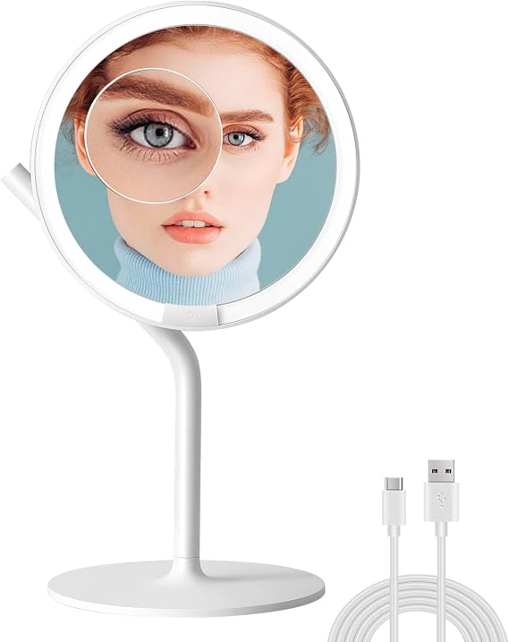AMIRO 8"LED Makeup Mirror with 5X Magnification Mirror, 5 Brightness, White | Touch Screen Control, Memory Function, 180 Rotation