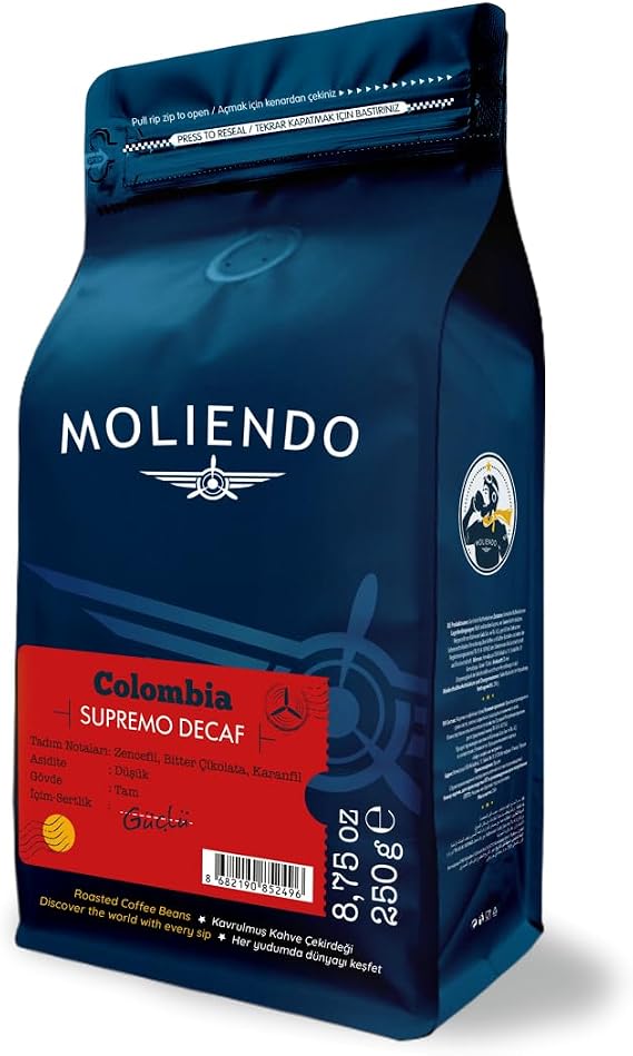Moliendo Finest Coffee Colombia Supremo Decaf (Kafeinsiz) Yöresel Kahve (Çekirdek) 250 g