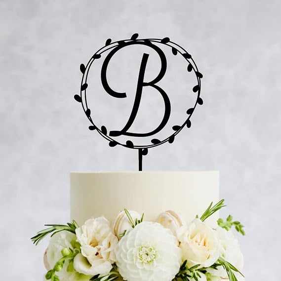 Initial B Letter Wedding Cake Topper Rustic Wreath Monogram Cake Topper Custom Any Initial Black Acrylic Cake Topper For Engagement Party Decor Personalized Birthday Cake Toppers Gifts