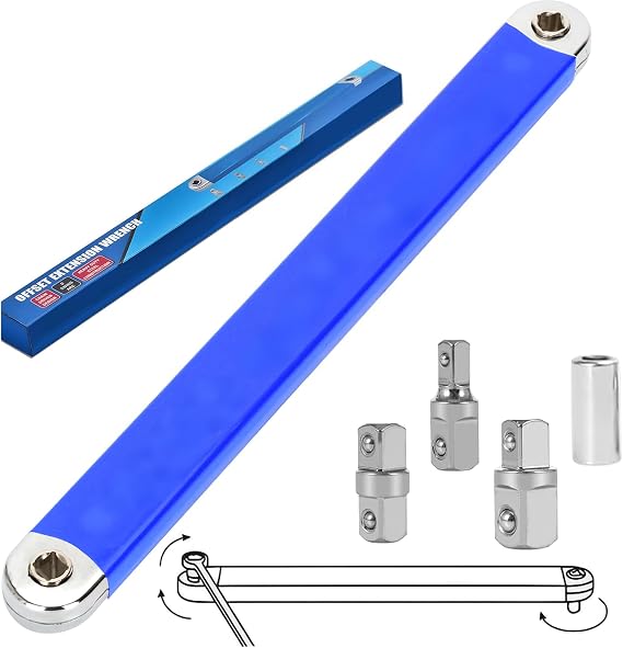 P Polerden Offset Extension Wrench Set, Off Set Extension Wrench 15.4" with 1/4",3/8",1/2" Square Drive Adapters and 1/4" Socket Offset Ratchet Extension for Tight Spaces