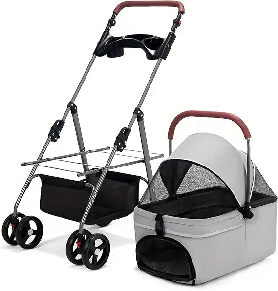 3-in-1 Multifunction Pet Stroller, Cat Dog Stroller,4-Wheel Dog Portable Stroller,Adjustable Handle Height Dog Stroller with Detachable Carrier,Cup Holder and Storage Basket,Gray