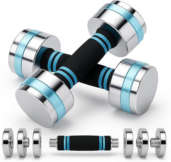 Steel Dumbbells Ultracompact Adjustable – Chrome Dumbbell Set with Anti-Slip Foam Handle, Compact Weights for Home & Gym Training