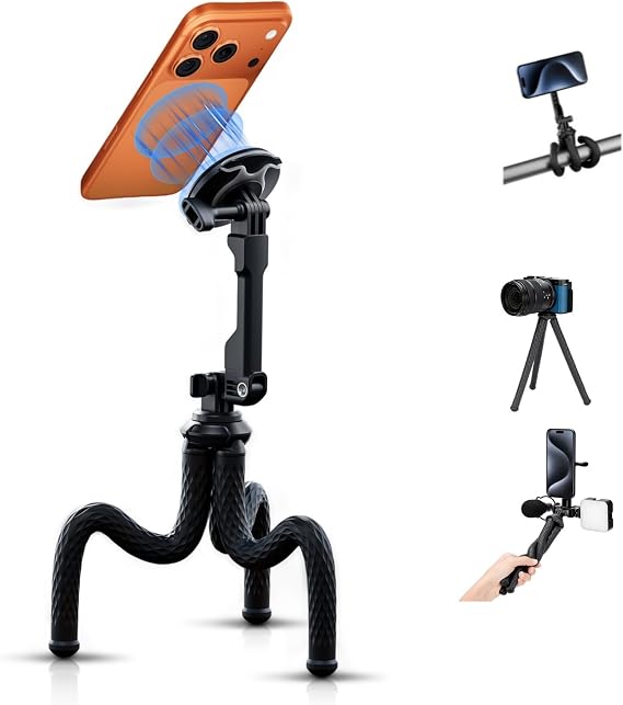 Extended Magnetic Flexible Tripod for iPhone, Height & Angle Adjustable Bendable Octopus Tripod Cellphone Stand for Magsafe & Android & Compact Action Camera Travel Selfie/Vlogging/Video Recording