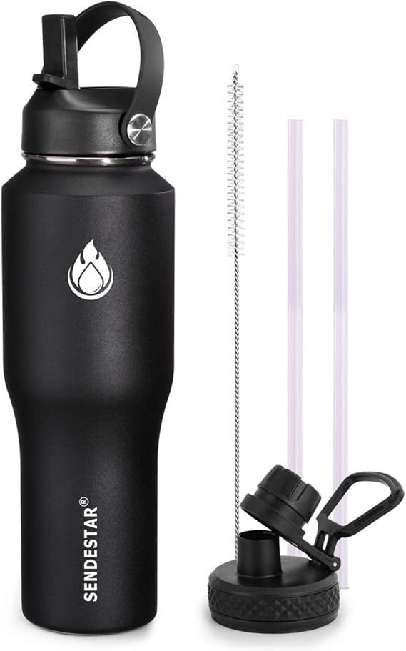 SENDESTAR Water Bottle 32oz,2 Lids(Straw lid),Wide Mouth Stainless Steel Vacuum Insulated Double Wall Keep Liquids Cold or Hot All Day,Sweat Proof Sport Design,Fit Car Cup Holder(Black)