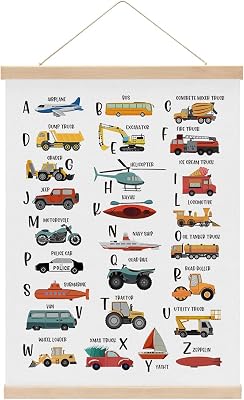 Transport Alphabet Poster, ABC Art Prints, Toddler Room Decor, Construction Decor for Boys Room, Educational Hanging Wall Art Alphabet Banner Paintings Wall Decors, Boys Room Nursery Playroom Decors