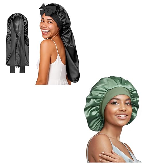 Umisleep 2 Pack 22 Momme 100% Real Mulberry Silk Bonnet for Sleeping Women Black and Green