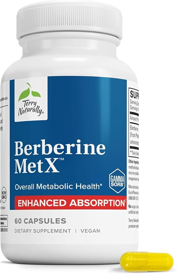 Terry Naturally Berberine MetX Extra Strength - Metabolism - 60 Count | Brain, Liver and Blood Sugar Balance Support. 60 capsules.