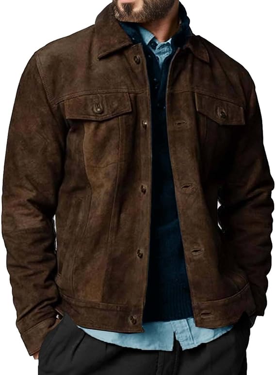 Premium Vintage Trucker Suede Leather Jacket Men Genuine Lambskin Men Leather Jackets Shirt Collar Jackets For Mens