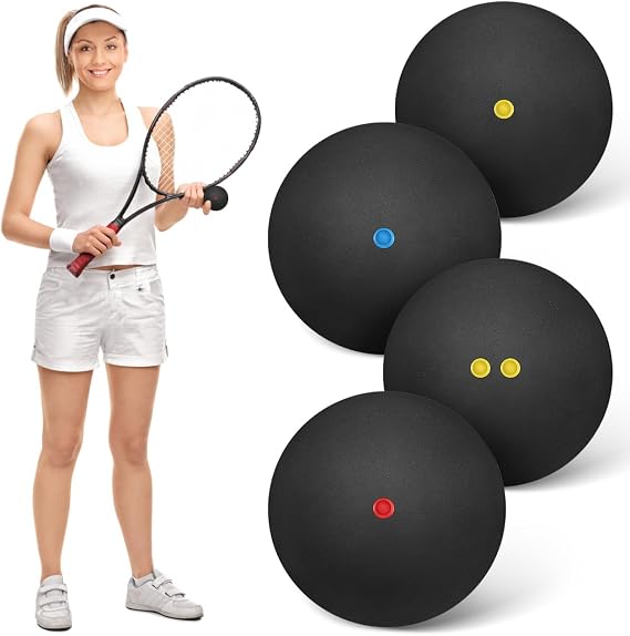 NUOBESTY Squash Balls Set 4 Pack High Elasticity Rubber Racketballs for Indoor Training and Practice Including Single and Double Dot Balls for Enhanced Bounce and Reaction