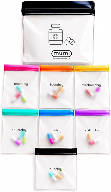 MUMI 7 Reusable Pill Pouches for Travel, Color-Coded 7-Day Set