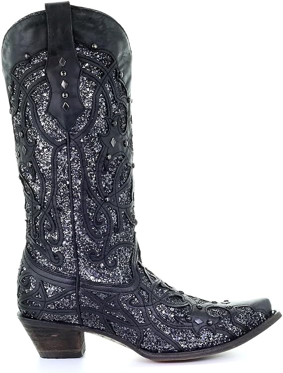 Corral Boots Womens Glitter Tooled Inlay Snip Toe Dress Boots Knee High Mid Heel 2-3"
