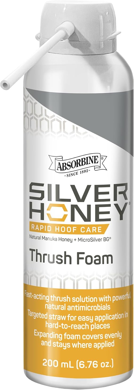 Silver Honey Rapid Hoof Care Equine Expanding Thrush Foam, 200 mL / 6.76 oz | Manuka Honey, MicroSilver BG, Fast-Acting, Deep Crevices, Sulcus, Frog, Mess-Free Precise Straw Application, No Staining