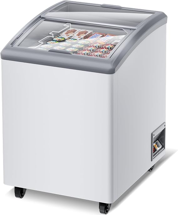 5.5 Cu.Ft Commercial Ice Cream Freezer Display Case Chest Freezer Restaurant Gelato Dipping Cabinet with 2 Large Displayed Baskets, 2 Sliding Glass Doors, Rolling Wheels and Lockable Breaks