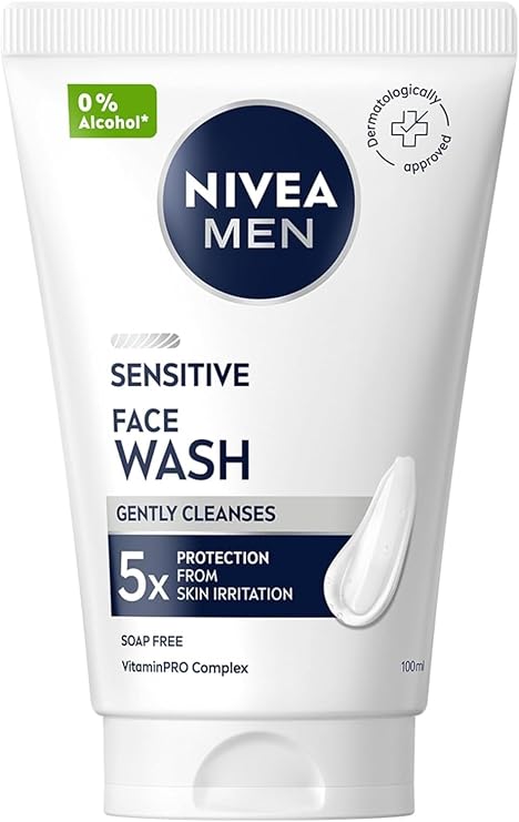 NIVEA MEN Sensitive Face Wash (100 ml), Face Wash for Men, Facial Cleanser with Chamomile Extract and Vitamin PRO Complex, Men's Skin Care Essentials