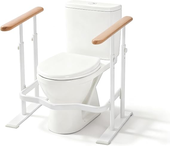Toilet Safety Rails for Seniors - Toilet Safety Frame with Dual Pillars, Waterproof Nighttime Reflective Base, 3-Speed Height Adjustment (White, Double Pillar)