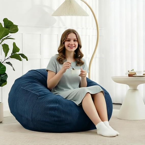 3FT Bean Bag Chair with Memory Foam Filling, Blue | Corduroy Fluffy Beanbag Chair for Adults and Teens, Comfy Floor Chair for Living Room Bedroom
