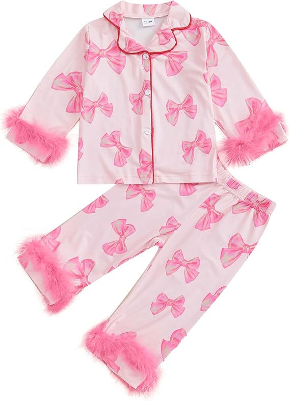 Baby Girl 2pcs Silk Pajamas Set Button Down Long Sleeve Shirts Tops Pants Satin Pjs Sleepwear Lounge Set