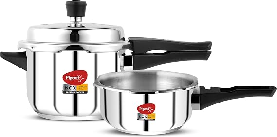 Pigeon by Stovekraft Stainless Steel Pressure Cooker Combo with Induction Base, Outer Lid 2 Liter and 3 Liter - 12710 (Silver)