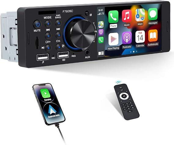 Single Din Car Stereo with Apple Carplay Android Auto, 4" Touch Screen Car Stereo with Bluetooth Handsfree, Car Radio Support Mirror Link FM USB TF USX EQ SWC Remote Control