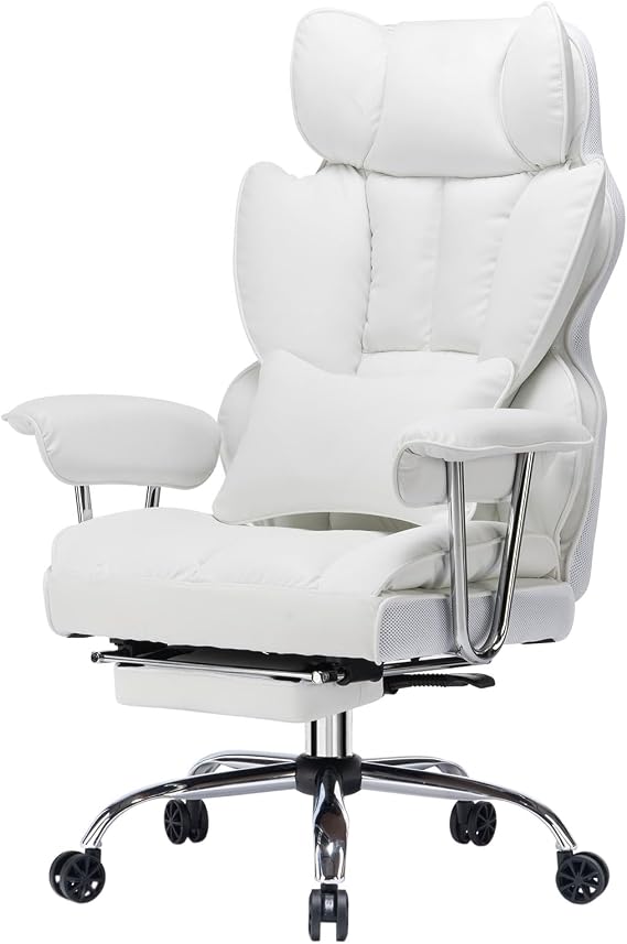 Efomao Big and Tall Office Chair 400lbs High Back Executive Chair with Swivel Base, PU Leather Upholstery, Lumbar Pillow, Padded Armrests, and Rolling Wheels,White Computer Chair
