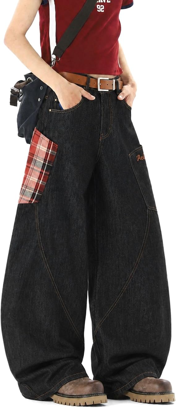Aelfric Eden Baggy Barrel Jeans Plaid Big Pocket Wide Leg Denim Pants Unisex Casual Oversized Y2K Streetwear Hip Hop Jeans