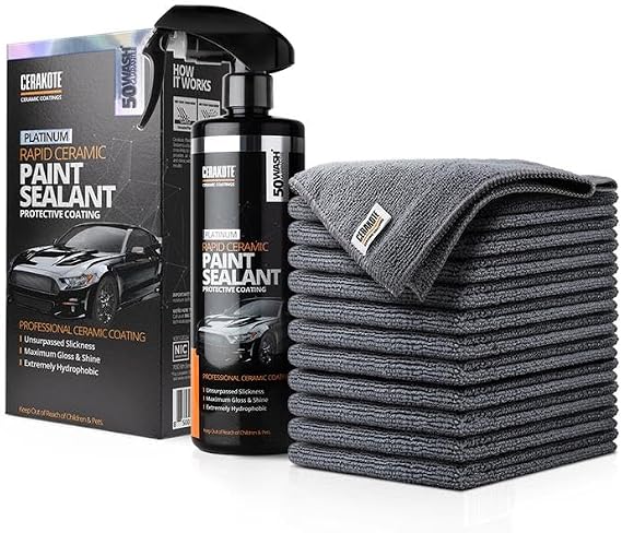 CERAKOTE Paint Sealant Bundle - Microfiber Towel 12-Pack with Platinum Rapid Ceramic Paint Sealant - Streak Free Application for Long Lasting Shine