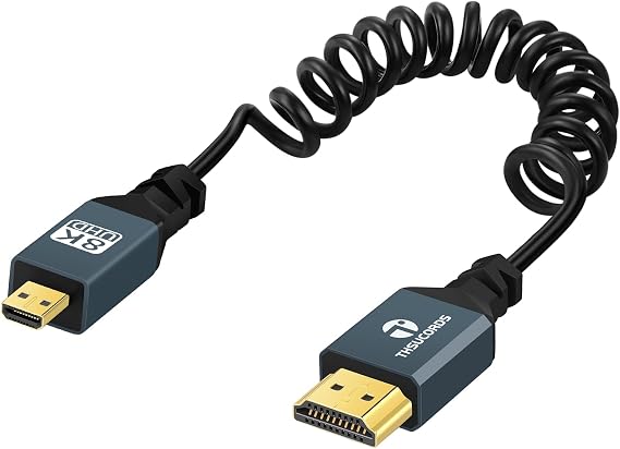 Thsucords 8K Micro HDMI to HDMI Coiled Cable 1 m HDMI to Micro HDMI Gold-Plated Coiled Cable Supports 8K @ 60Hz 4K @ 120Hz 48 Gbps for GoPro Hero Raspberry Pi 4 Sony Camera