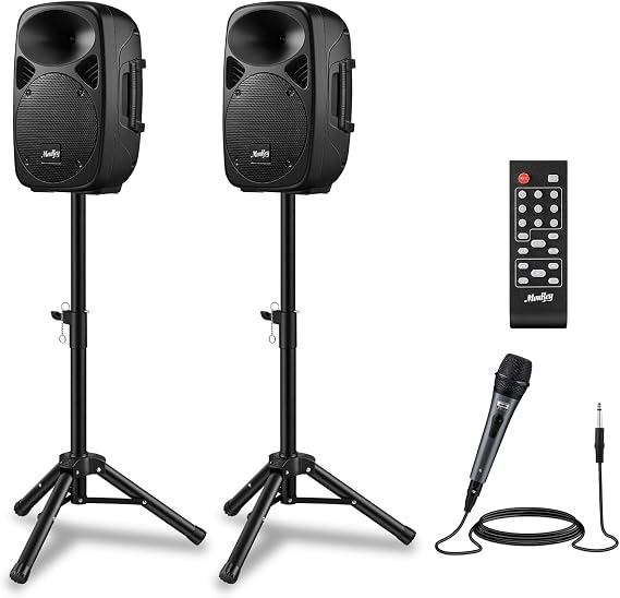 Moukey MPA80 PA System, 8 Inch Active & Passive Powered Rechargeable PA Speakers, 600W Peak Power, with 2 Tripod Stands, Wired Microphone, Remote Control, Support BT/USB/TF/FM/AUX