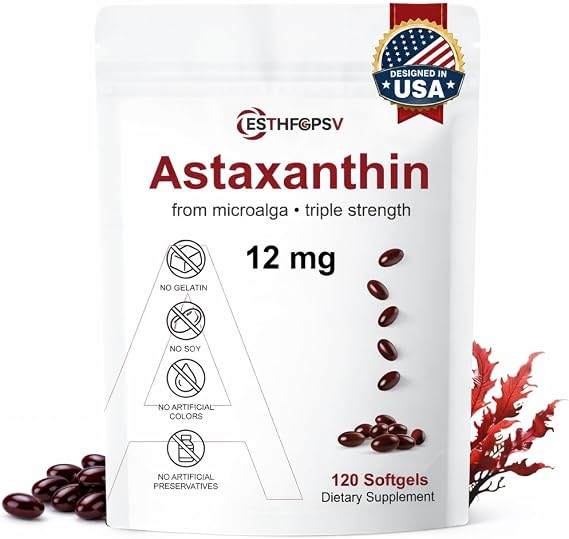 Premium Astaxanthin 12mg Antioxidant Supplement with Vitamin E 120 Softgels, 4 Month Supply, Microalgae Source, Supports Skin, Eye & Joint Health, Non-GMO, Gluten & Soy Free