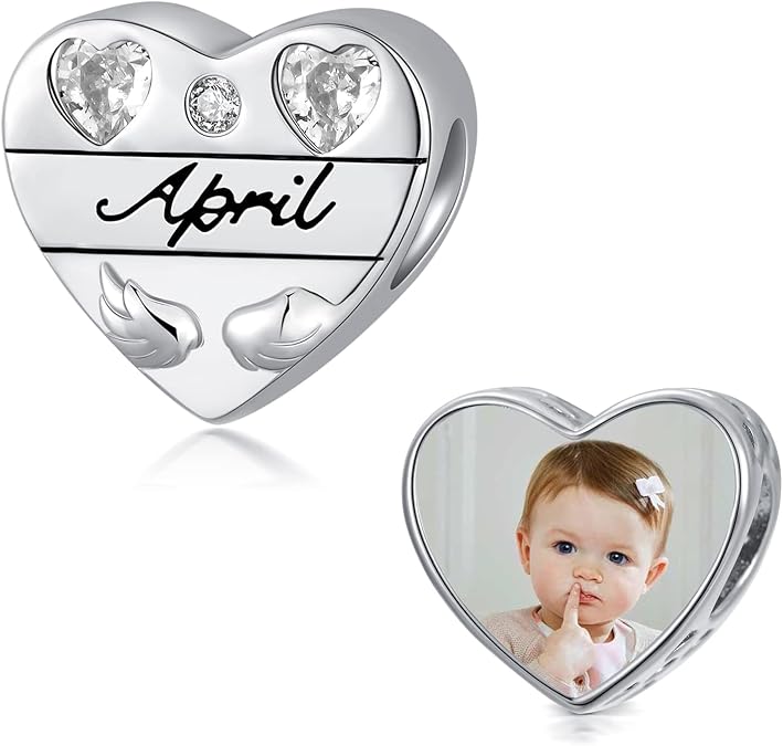 LONAGO Personalized Birthstone Heart Photo Charm 925 Sterling Silver Customized Image Picture Bead Simulated Gemstone Fit Bracelet Happy Birthday Gifts for Women