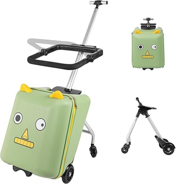 Ride on Suitcase for Kids, 20'' Carry on Luggage with Child Seat Design, Kids Carry on Luggage with Wheels, Equipped with a Removable Stroller, Suitable for Parents to Travel with Their Kids(Green)