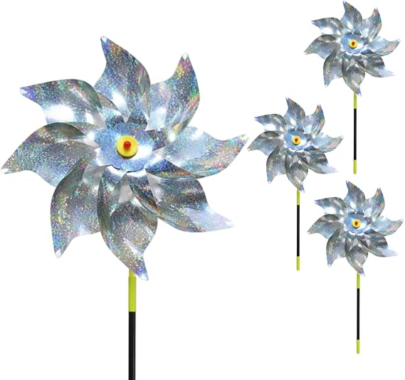 4 Octagonal Windmills for Garden, Bird Protection Windmill Deterrent for Vegetable Gardens and Lawns, Decorative Garden with Reflective Design for Outdoor Spaces, Silver, Large