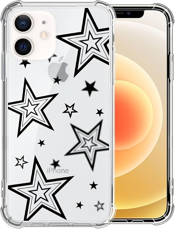 Case for iPhone 12,T1t Black Star Clear Case Pattern Cute Cover Case for Girls Men Slim Thin Soft Shockproof Phone Case